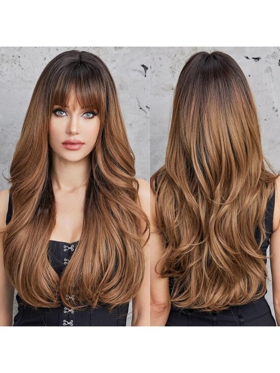 Women\'s Ombre Brown Heat Resistant Long Curly Wavy Synthetic Wig Bangs Size 26In main image 5